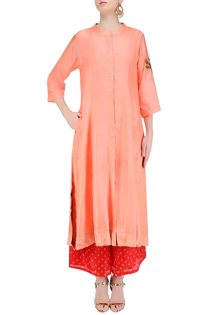 Peach 'A' line dragonfly pita work embroidery kurta with tomato red bandhini palazzos available only at Pernia's Pop Up Shop.