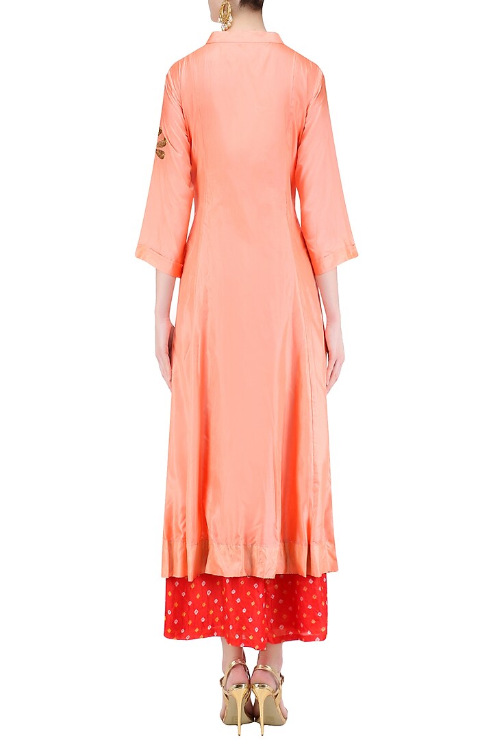 Peach 'A' line dragonfly pita work embroidery kurta with tomato red bandhini palazzos available only at Pernia's Pop Up Shop.