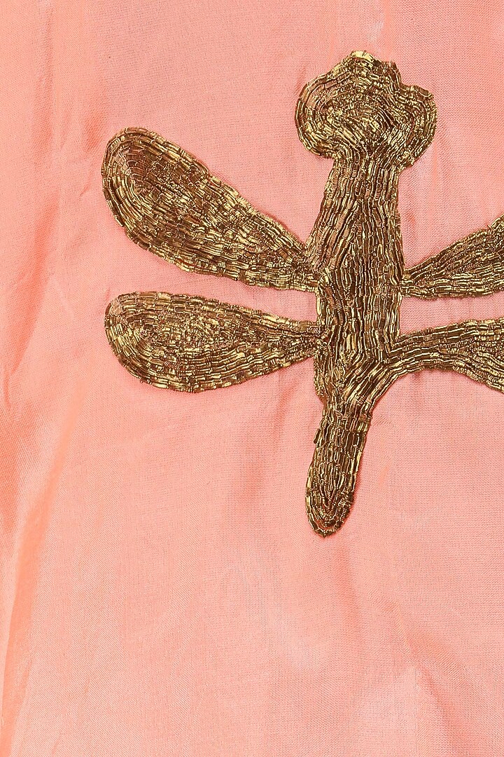 Peach 'A' line dragonfly pita work embroidery kurta with tomato red bandhini palazzos available only at Pernia's Pop Up Shop.