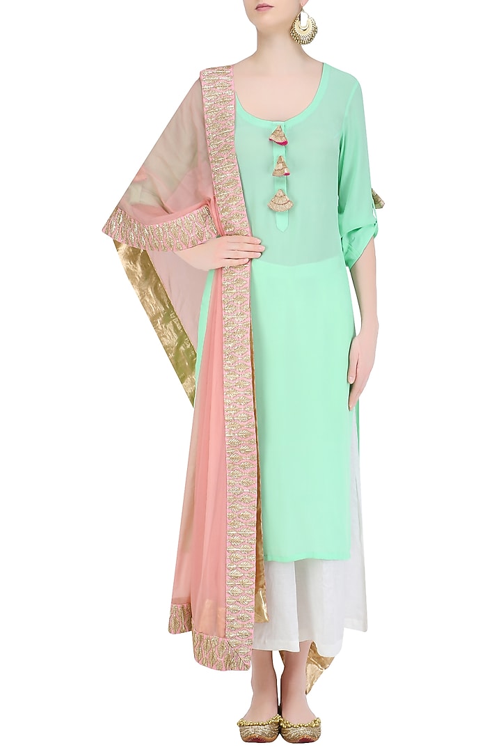 Mint green straight fit kurta with off white palazzos and pink gota work dupatta available only at Pernia's Pop Up Shop.