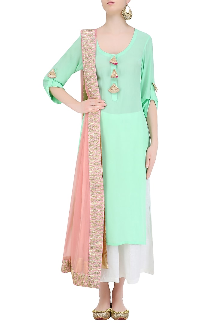 Mint green straight fit kurta with off white palazzos and pink gota work dupatta available only at Pernia's Pop Up Shop.