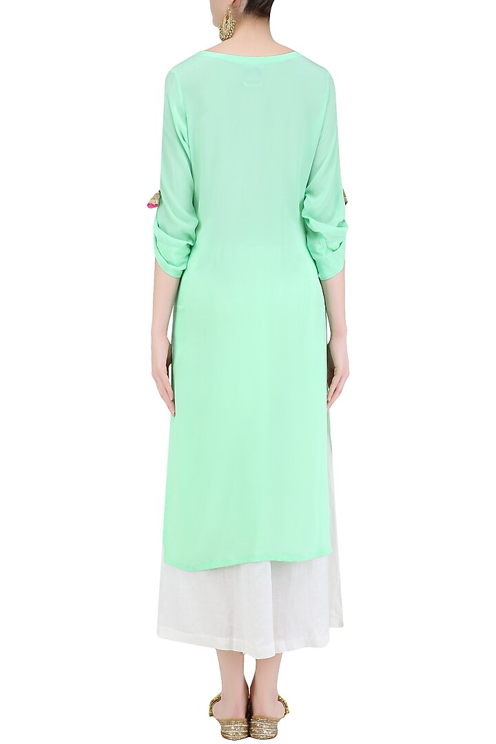 Mint green straight fit kurta with off white palazzos and pink gota work dupatta available only at Pernia's Pop Up Shop.