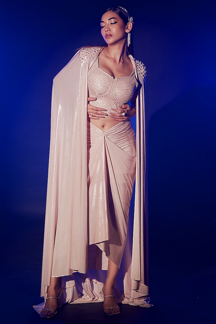 Rose Gold Metallic Lycra Draped Skirt Set by Vesture at Pernia's Pop Up Shop