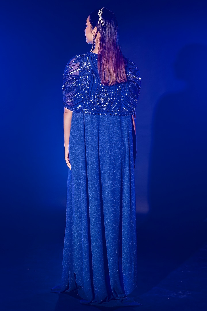 Electric Blue Shimmer chiffon Hand Work Cape Set by Vesture at Pernia's Pop Up Shop