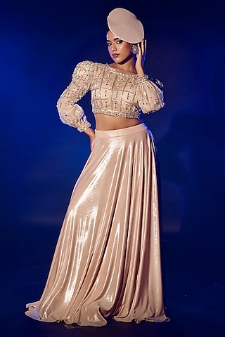 Rose Gold Metallic Lycra Skirt Set by Vesture