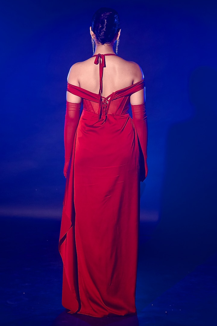 Red Armani Satin Swarovski Embroidered Corset Party Wear Gown by Vesture at Pernia's Pop Up Shop