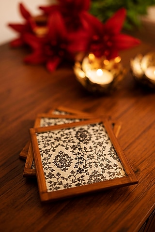 Grey & Black Pure Katan Silk Coasters (Set of 2) by Veaves