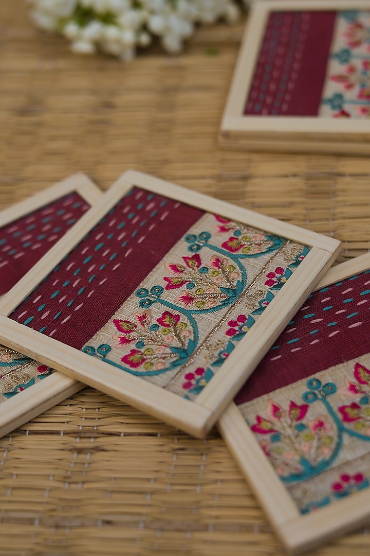 Dark Pink Hand Embroidered Coasters (Set of 2) by Veaves