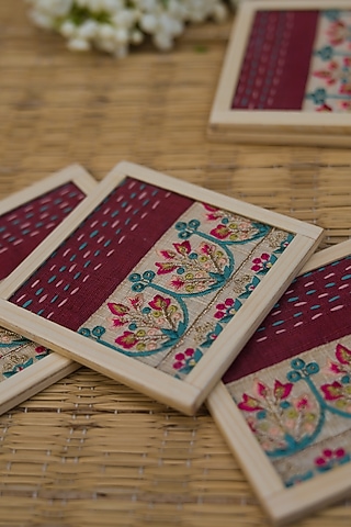Dark Pink Hand Embroidered Coasters (Set of 2) by Veaves