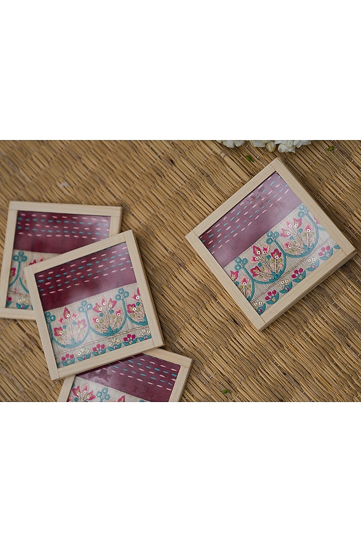 Dark Pink Hand Embroidered Coasters (Set of 2) by Veaves at Pernia's Pop Up Shop