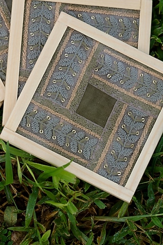 Olive Green Hand Embroidered Coasters (Set of 2) by Veaves