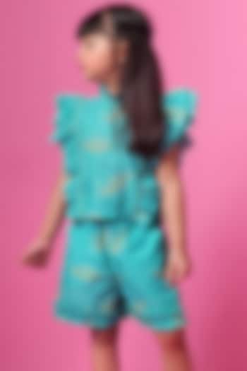 Blue Organic Cotton Poplin Printed Co-Ord Set For Girls by Miko Lolo