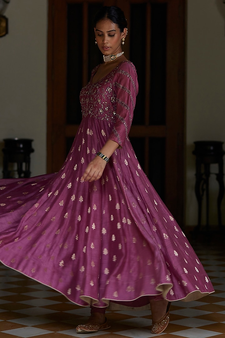 Purple Embroidered Wedding Anarkali Set by Vashisht Guru Dutt at Pernia's Pop Up Shop