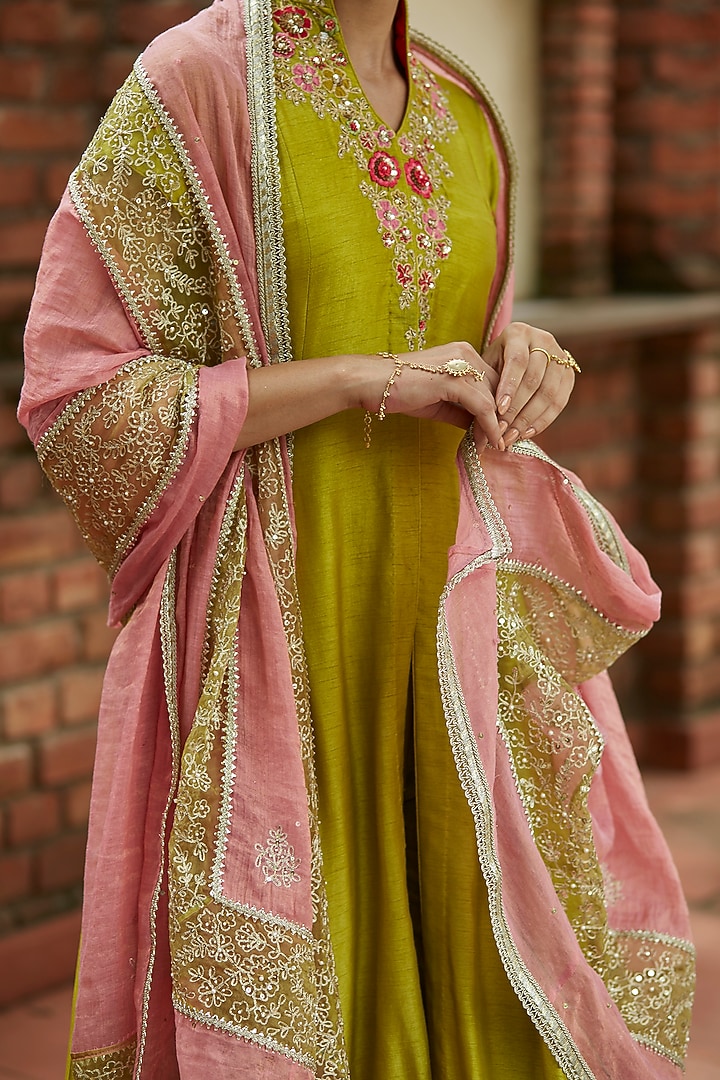 Olive Green Embroidered Jacket Wedding Anarkali Set by Vashisht Guru Dutt at Pernia's Pop Up Shop