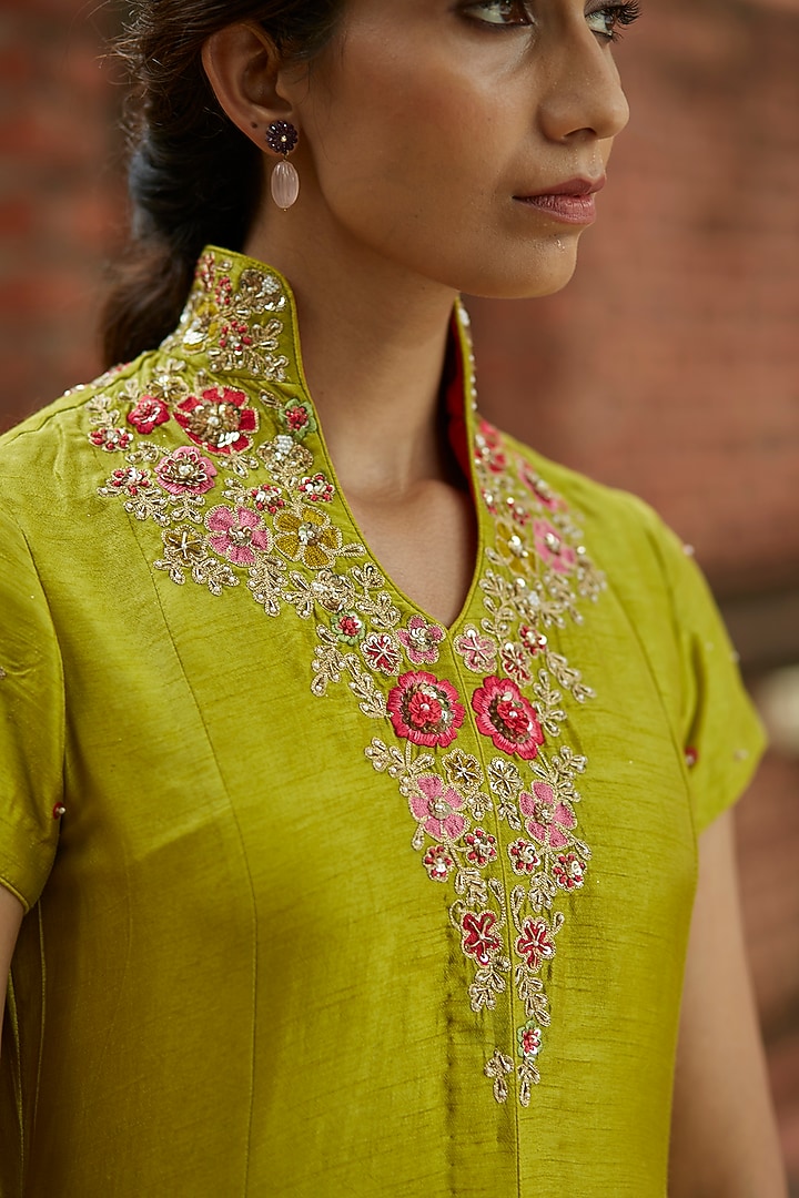 Olive Green Embroidered Jacket Wedding Anarkali Set by Vashisht Guru Dutt at Pernia's Pop Up Shop