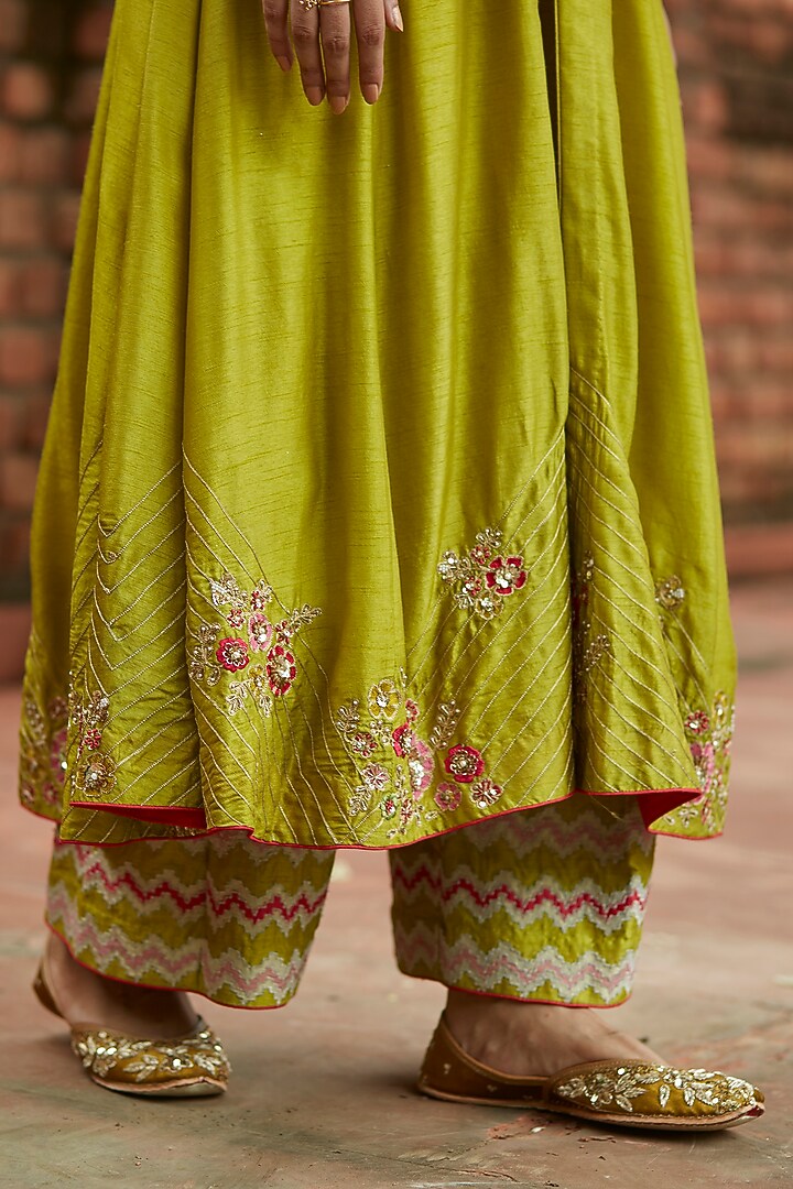 Olive Green Embroidered Jacket Wedding Anarkali Set by Vashisht Guru Dutt at Pernia's Pop Up Shop
