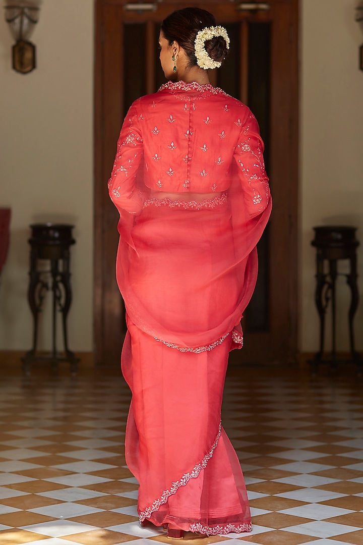 Coral Organza Resham & Zari Embroidered Wedding Saree Set by Vashisht Guru Dutt at Pernia's Pop Up Shop