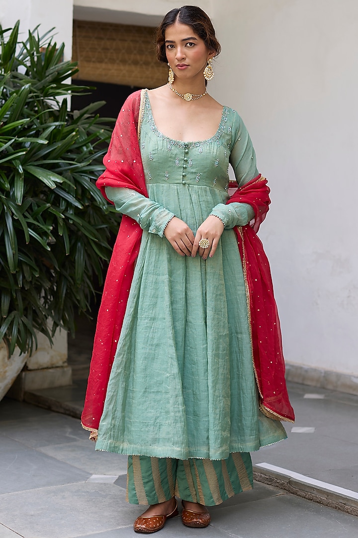 Aqua Green Tissue Chanderi Embroidered Anarkali Set by Vashisht Guru Dutt at Pernia's Pop Up Shop