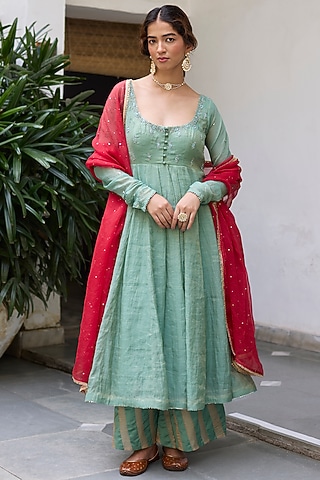 Aqua Green Tissue Chanderi Embroidered Anarkali Set by Vashisht Guru Dutt