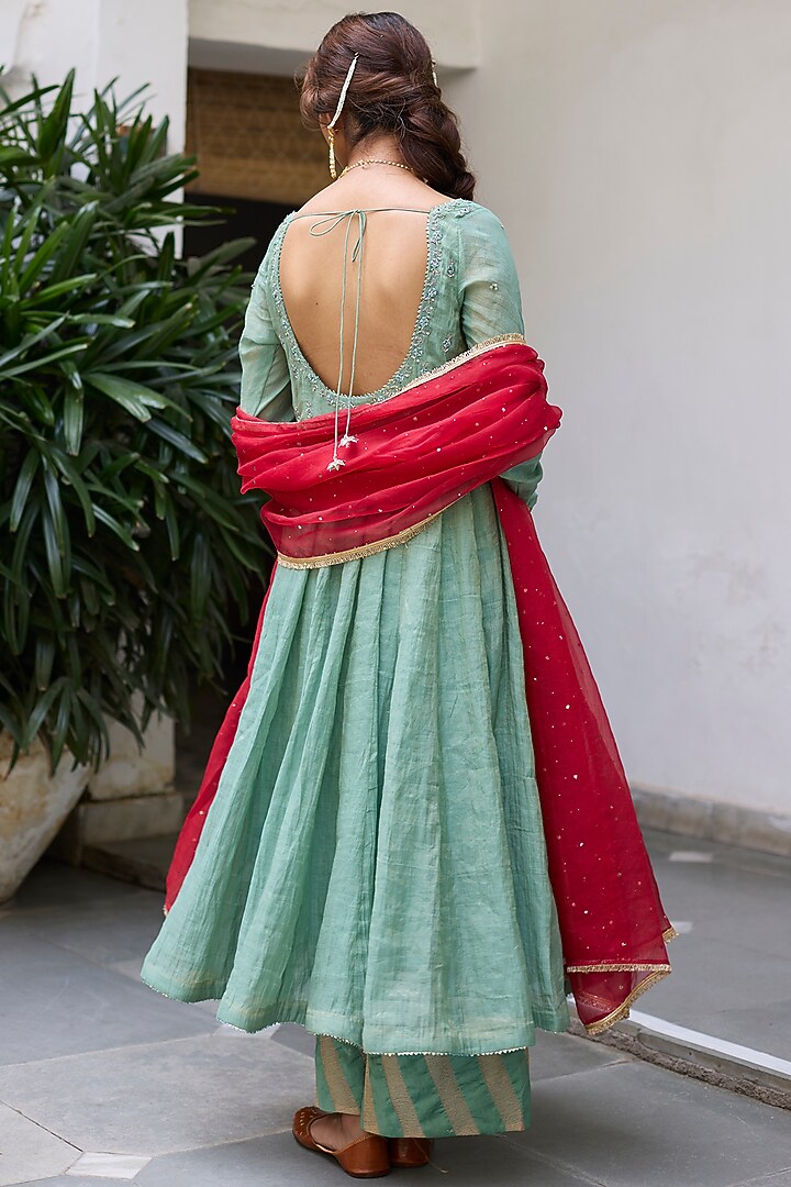 Aqua Green Tissue Chanderi Embroidered Wedding Anarkali Set by Vashisht Guru Dutt at Pernia's Pop Up Shop