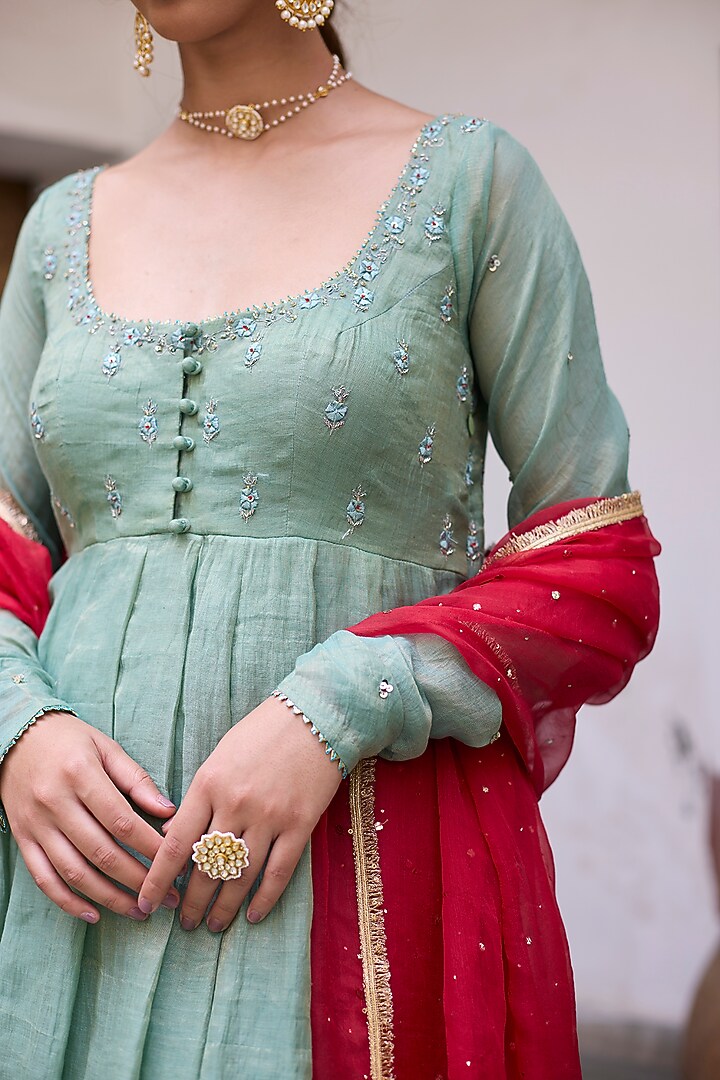 Aqua Green Tissue Chanderi Embroidered Wedding Anarkali Set by Vashisht Guru Dutt at Pernia's Pop Up Shop