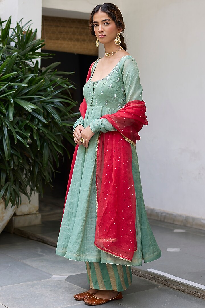 Aqua Green Tissue Chanderi Embroidered Wedding Anarkali Set by Vashisht Guru Dutt at Pernia's Pop Up Shop