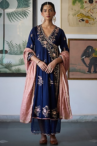 Navy Blue Chanderi Embroidered Angrakha Anarkali Set by Vashisht Guru Dutt