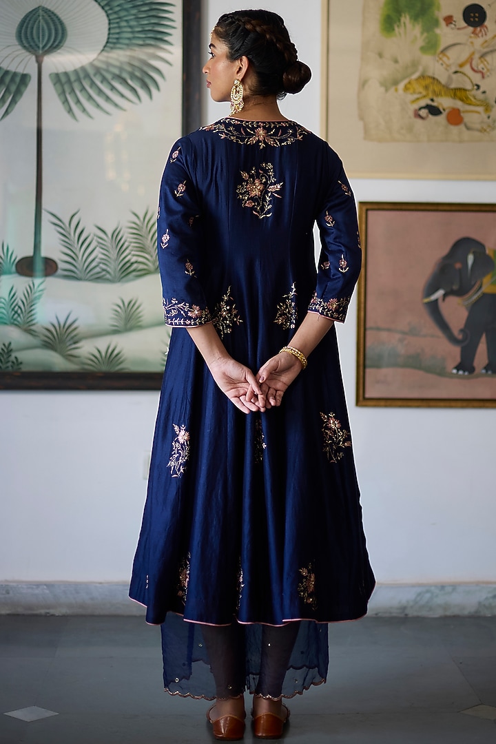 Navy Blue Chanderi Embroidered Angrakha Wedding Anarkali Set by Vashisht Guru Dutt at Pernia's Pop Up Shop