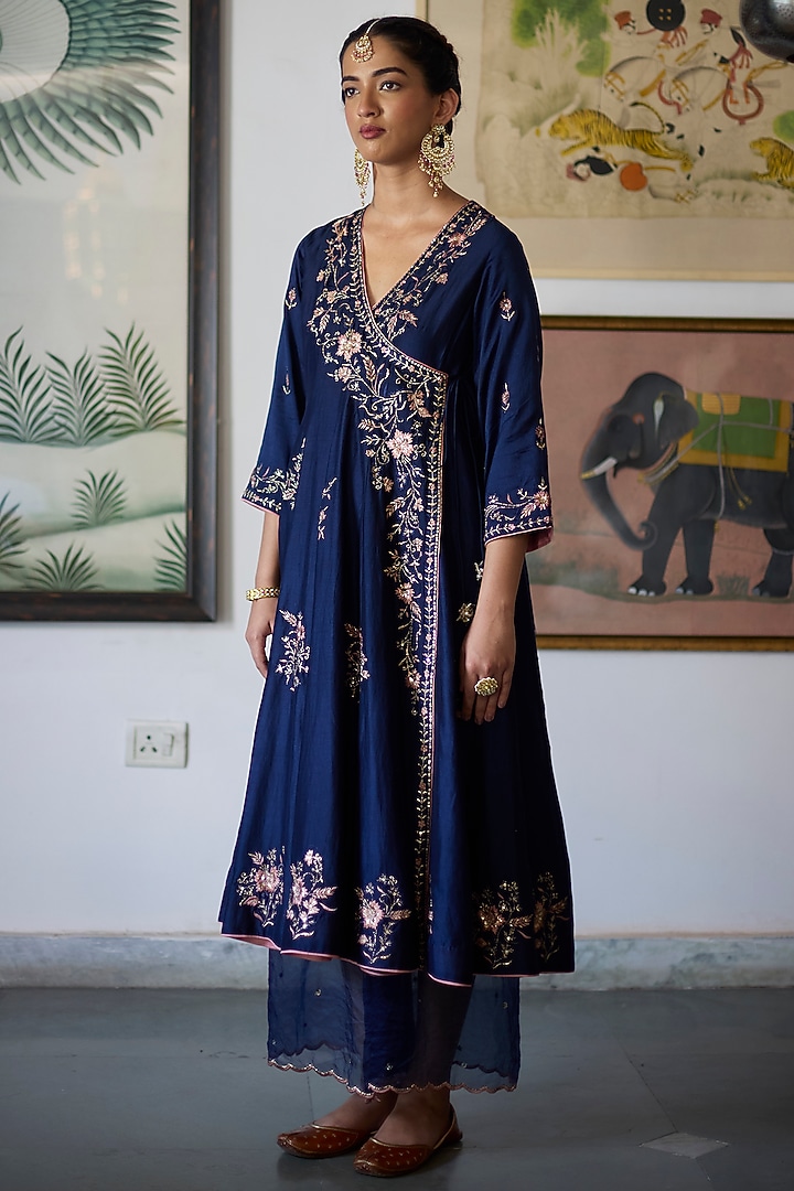 Navy Blue Chanderi Embroidered Angrakha Wedding Anarkali Set by Vashisht Guru Dutt at Pernia's Pop Up Shop