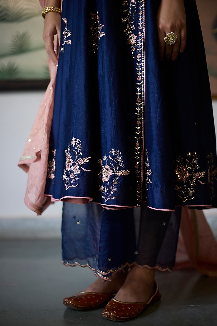 Navy Blue Chanderi Embroidered Angrakha Wedding Anarkali Set by Vashisht Guru Dutt at Pernia's Pop Up Shop