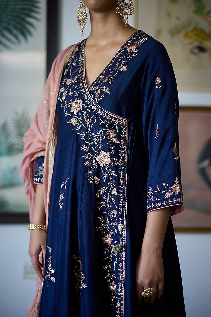 Navy Blue Chanderi Embroidered Angrakha Wedding Anarkali Set by Vashisht Guru Dutt at Pernia's Pop Up Shop