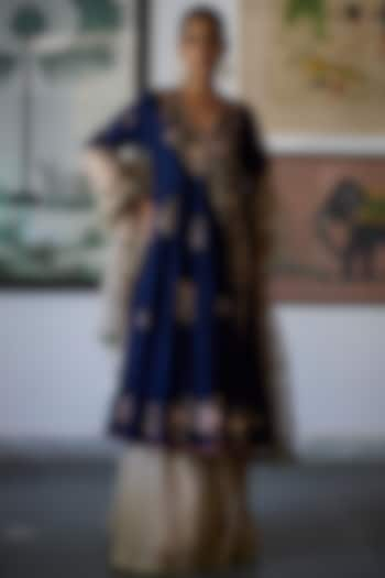 Navy Blue Chanderi Embroidered Angrakha Anarkali Set by Vashisht Guru Dutt at Pernia's Pop Up Shop