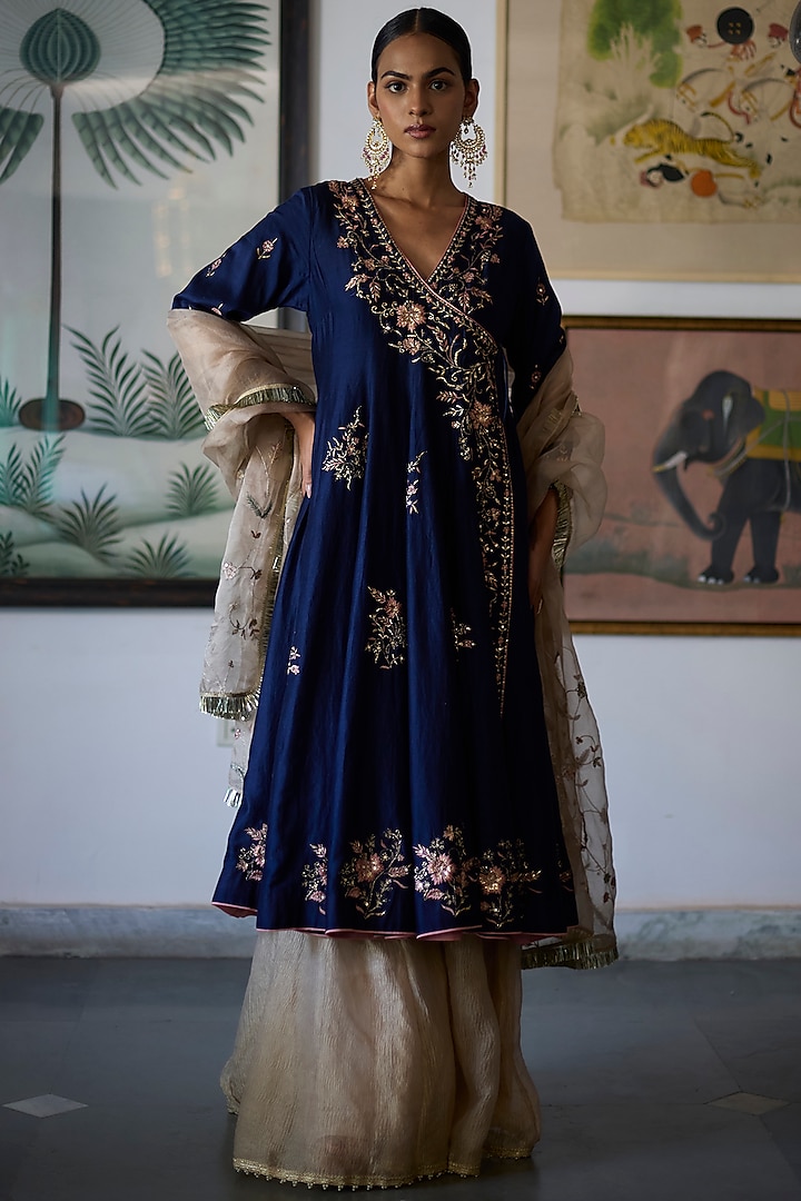 Navy Blue Chanderi Embroidered Angrakha Anarkali Set by Vashisht Guru Dutt at Pernia's Pop Up Shop