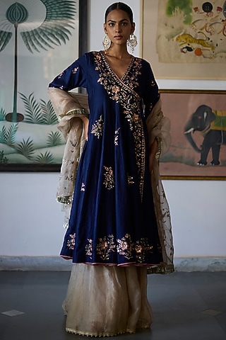 Navy Blue Chanderi Embroidered Angrakha Anarkali Set by Vashisht Guru Dutt