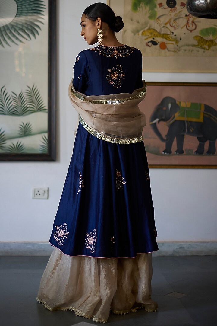 Navy Blue Chanderi Embroidered Angrakha Wedding Anarkali Set by Vashisht Guru Dutt at Pernia's Pop Up Shop