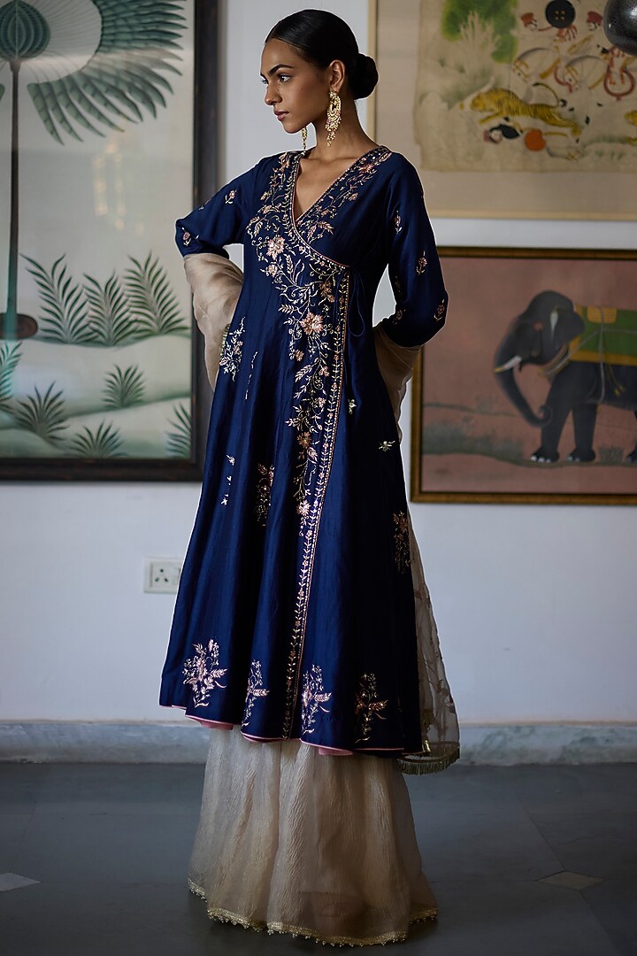 Navy Blue Chanderi Embroidered Angrakha Wedding Anarkali Set by Vashisht Guru Dutt at Pernia's Pop Up Shop