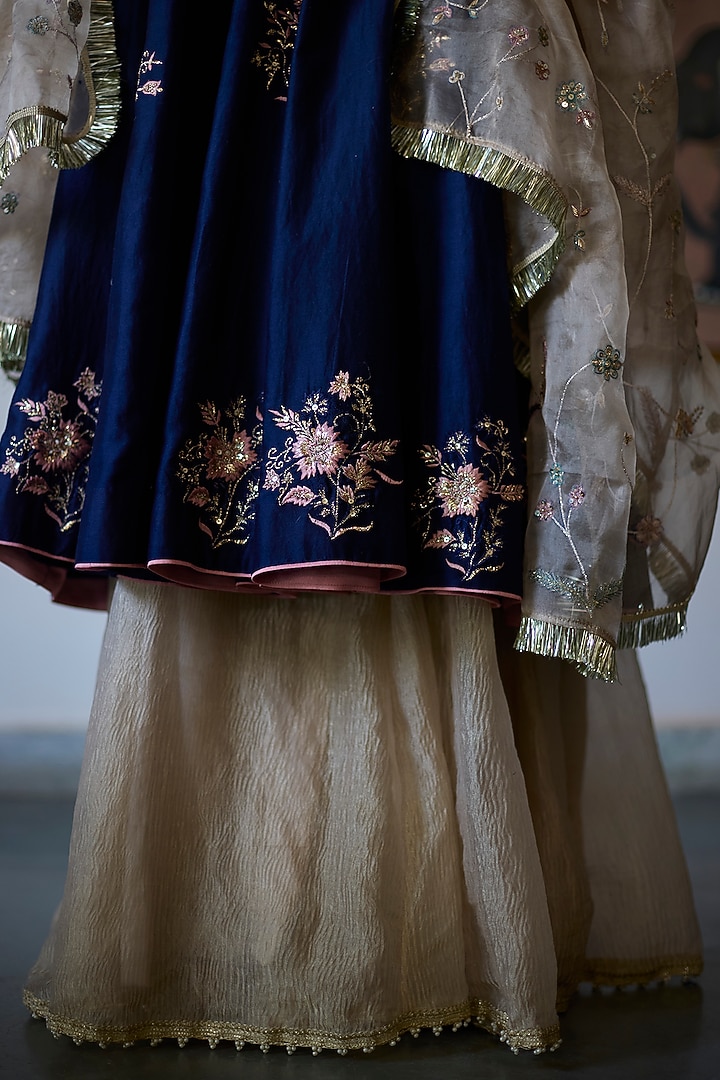 Navy Blue Chanderi Embroidered Angrakha Wedding Anarkali Set by Vashisht Guru Dutt at Pernia's Pop Up Shop