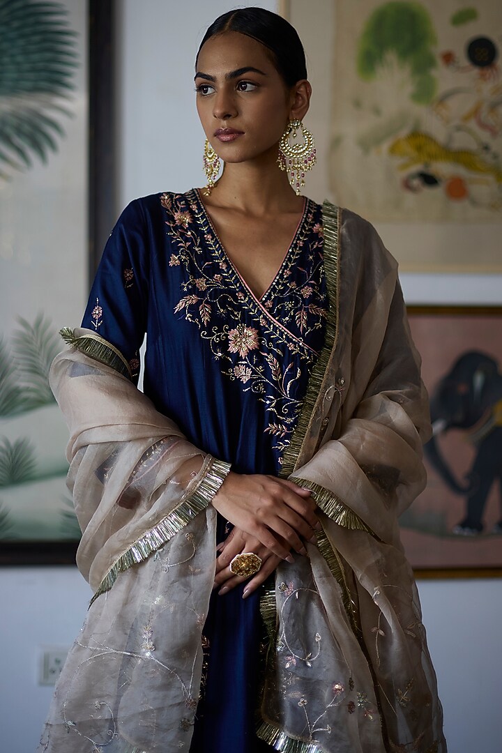 Navy Blue Chanderi Embroidered Angrakha Wedding Anarkali Set by Vashisht Guru Dutt at Pernia's Pop Up Shop