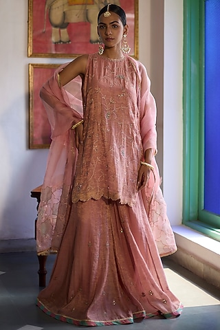 Old Rose Pink Tissue Chanderi Sharara Set by Vashisht Guru Dutt