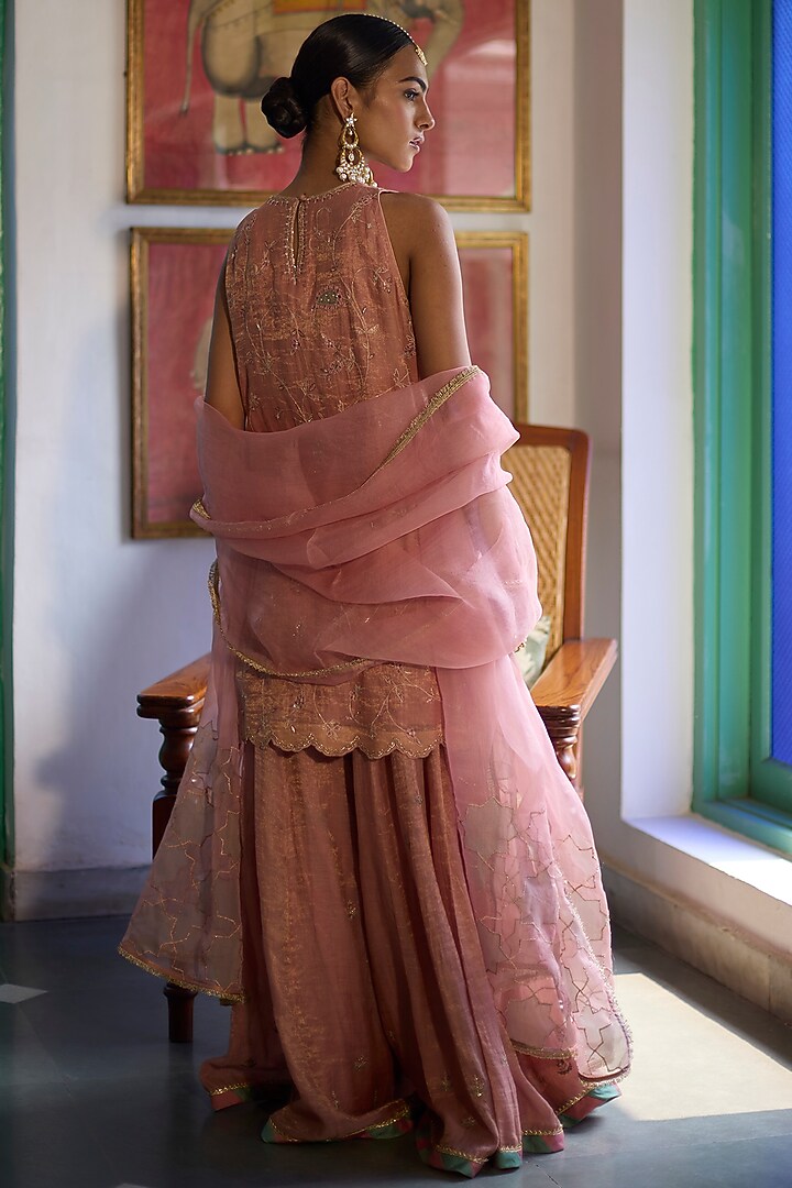 Old Rose Pink Tissue Chanderi Wedding Sharara Set by Vashisht Guru Dutt at Pernia's Pop Up Shop