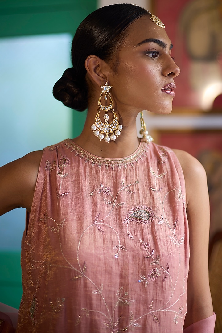 Old Rose Pink Tissue Chanderi Wedding Sharara Set by Vashisht Guru Dutt at Pernia's Pop Up Shop