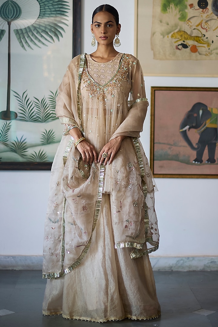 Almond Beige Mukaish Tulle Embroidered Anarkali Set by Vashisht Guru Dutt at Pernia's Pop Up Shop