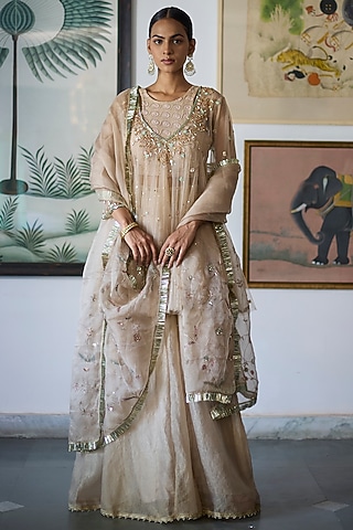 Almond Beige Mukaish Tulle Embroidered Anarkali Set by Vashisht Guru Dutt