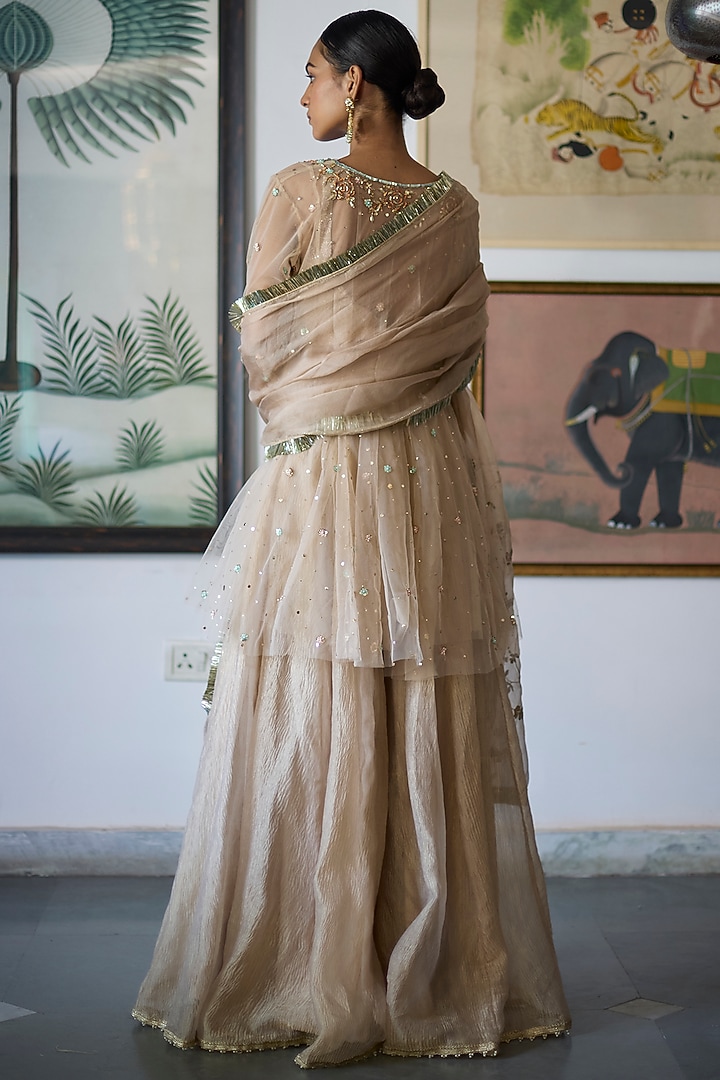 Almond Beige Mukaish Tulle Embroidered Wedding Anarkali Set by Vashisht Guru Dutt at Pernia's Pop Up Shop