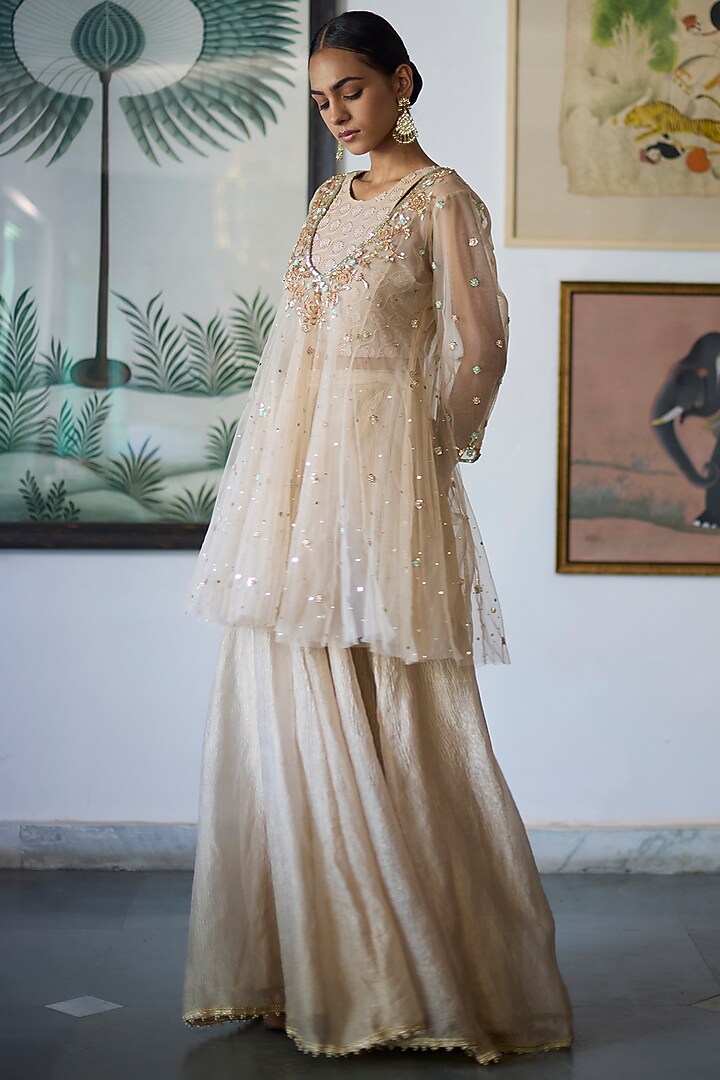 Almond Beige Mukaish Tulle Embroidered Wedding Anarkali Set by Vashisht Guru Dutt at Pernia's Pop Up Shop