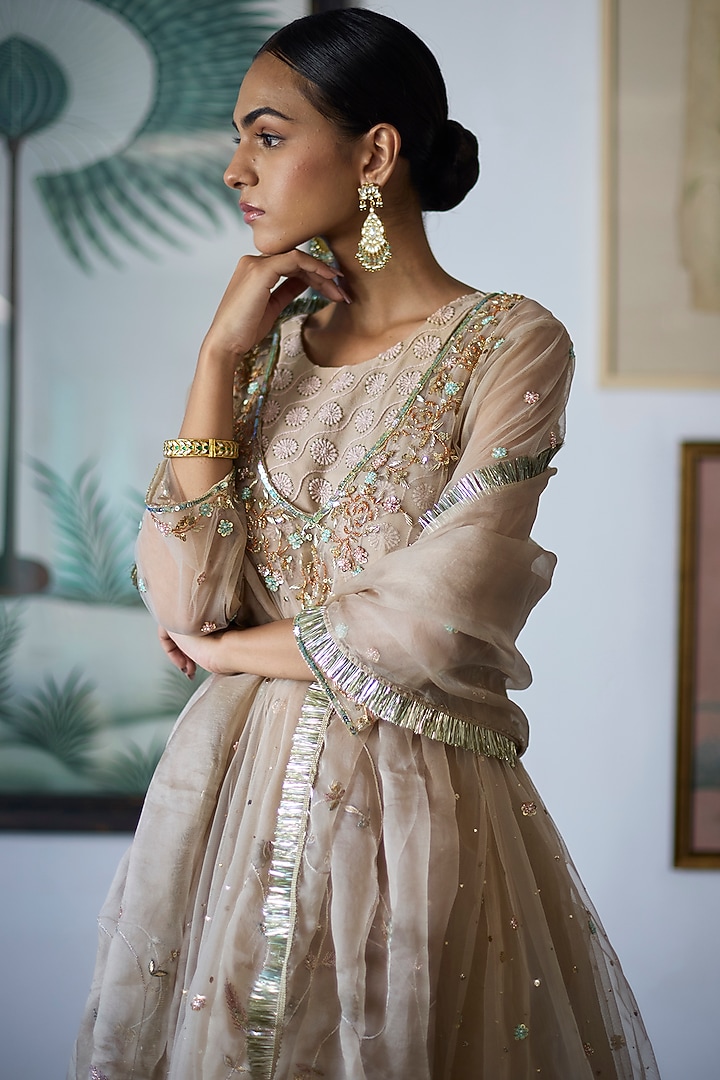 Almond Beige Mukaish Tulle Embroidered Wedding Anarkali Set by Vashisht Guru Dutt at Pernia's Pop Up Shop