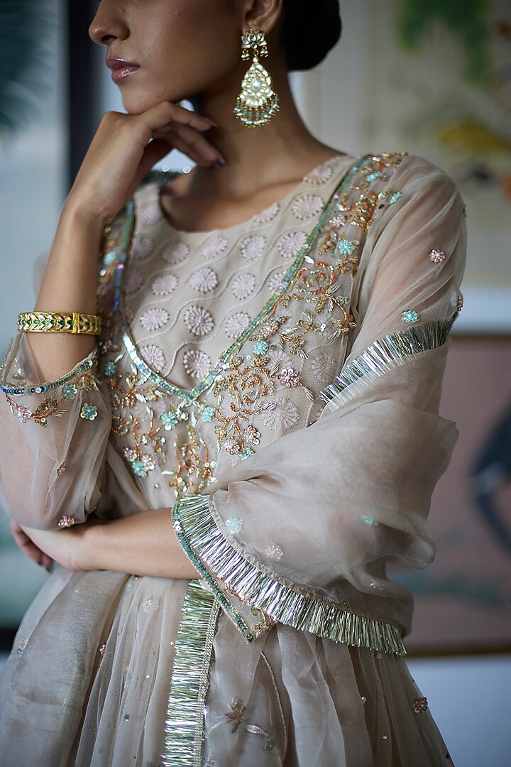 Almond Beige Mukaish Tulle Embroidered Wedding Anarkali Set by Vashisht Guru Dutt at Pernia's Pop Up Shop