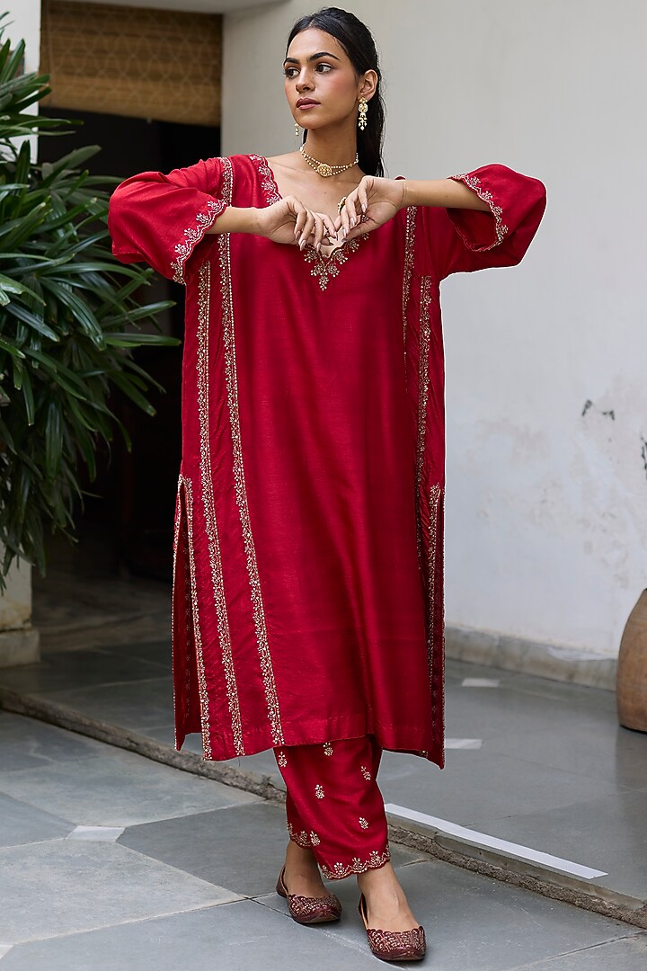 Red Dupion Silk Embroidered Kalidar Kurta Set by Vashisht Guru Dutt at Pernia's Pop Up Shop
