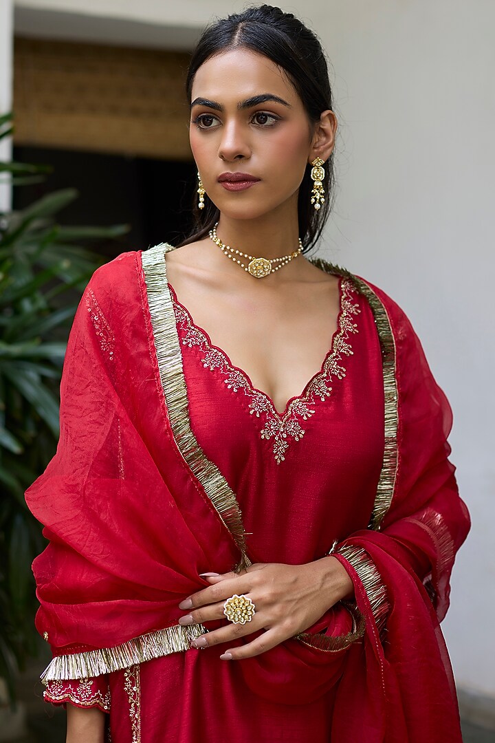 Red Dupion Silk Embroidered Kalidar Kurta Set by Vashisht Guru Dutt at Pernia's Pop Up Shop