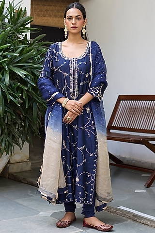 Navy Blue Dupion Silk Embroidered Kurta Set by Vashisht Guru Dutt